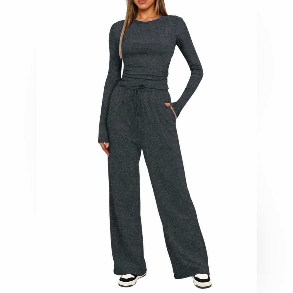 Loungewear Set Boutique Cozy Charcoal Gray Wide Leg Knit Pants Size M NWT